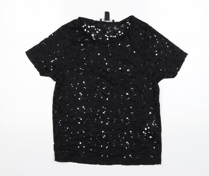 New Look Womens Black Floral Polyamide Basic Blouse Size 10 Round Neck