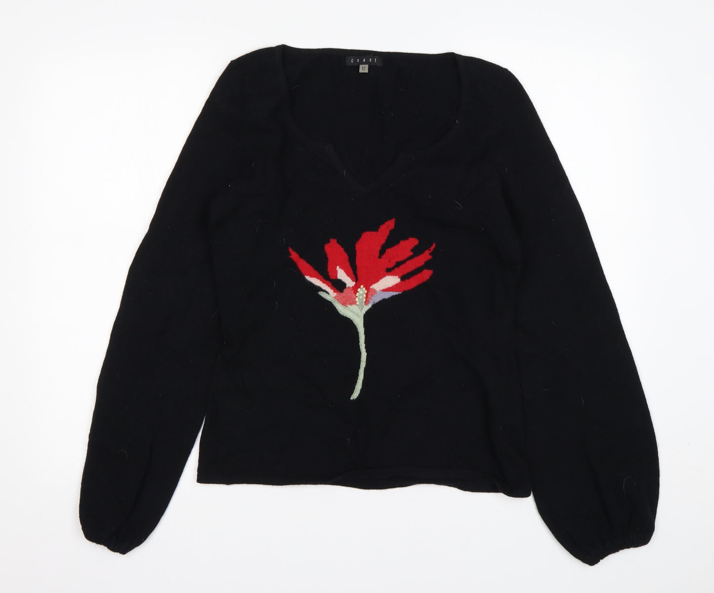 Coast Womens Black V-Neck Floral Wool Pullover Jumper Size 12