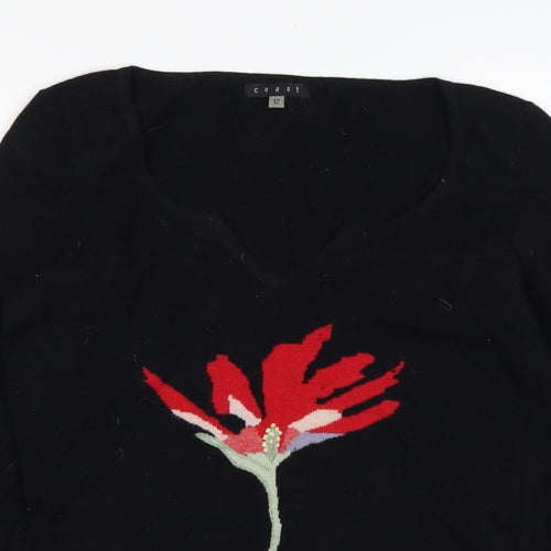Coast Womens Black V-Neck Floral Wool Pullover Jumper Size 12