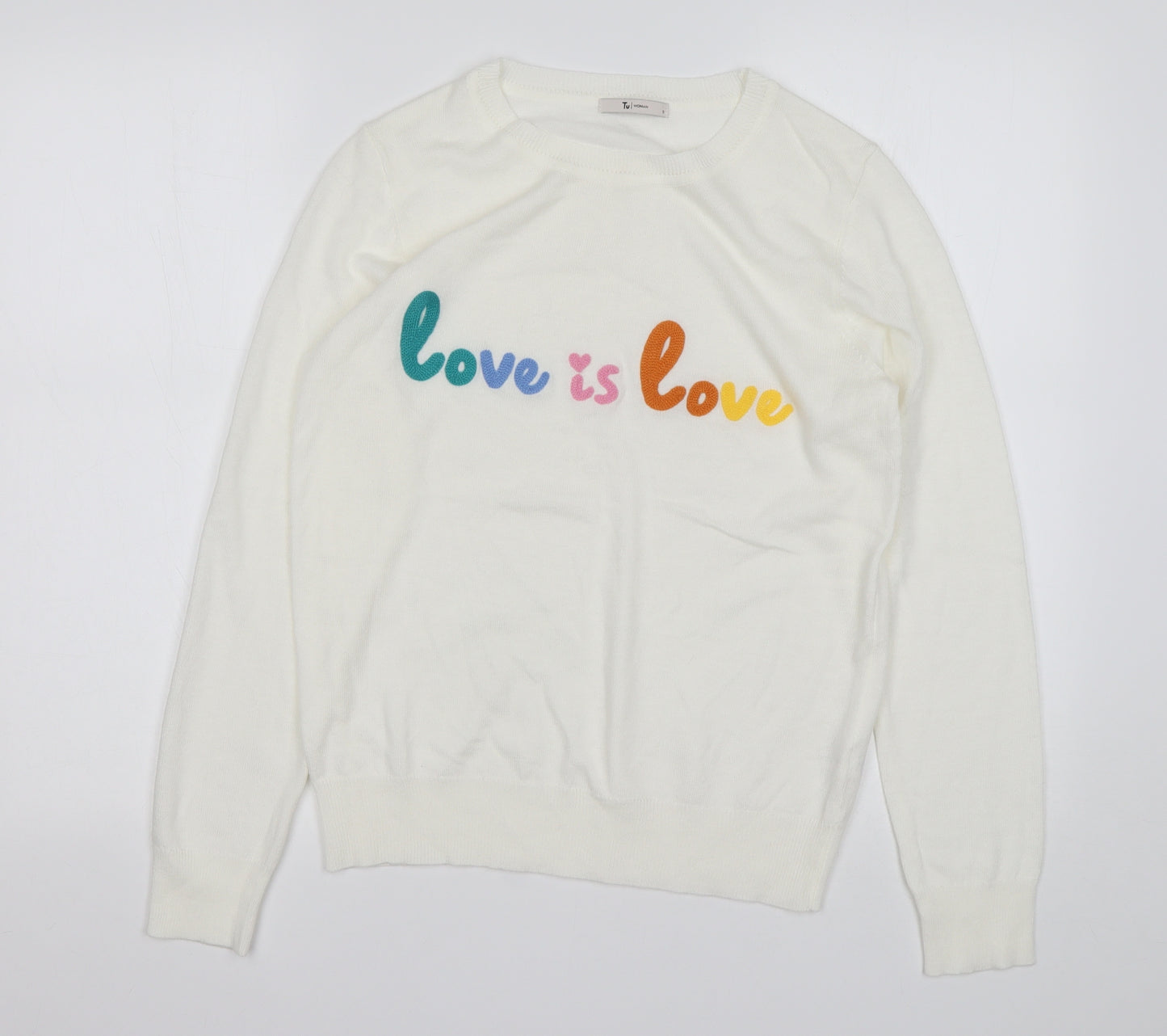 TU Womens White Round Neck  Acrylic Pullover Jumper Size 8