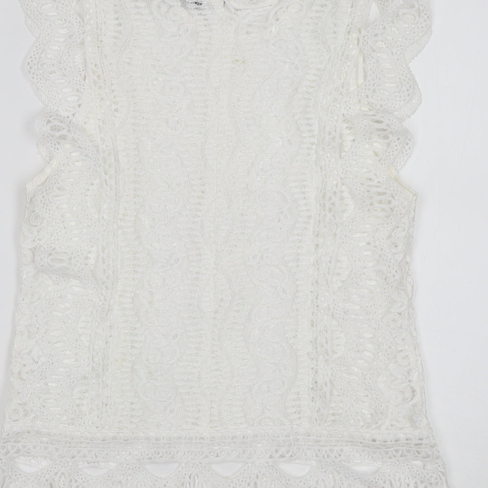 lalive verte Womens White Floral Polyamide Basic Blouse Size M Round Neck