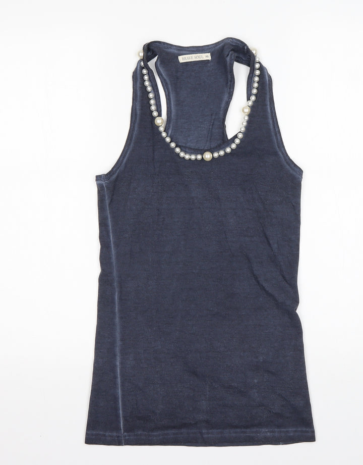 Brave Soul Womens Blue Cotton Basic Tank Size XS Round Neck