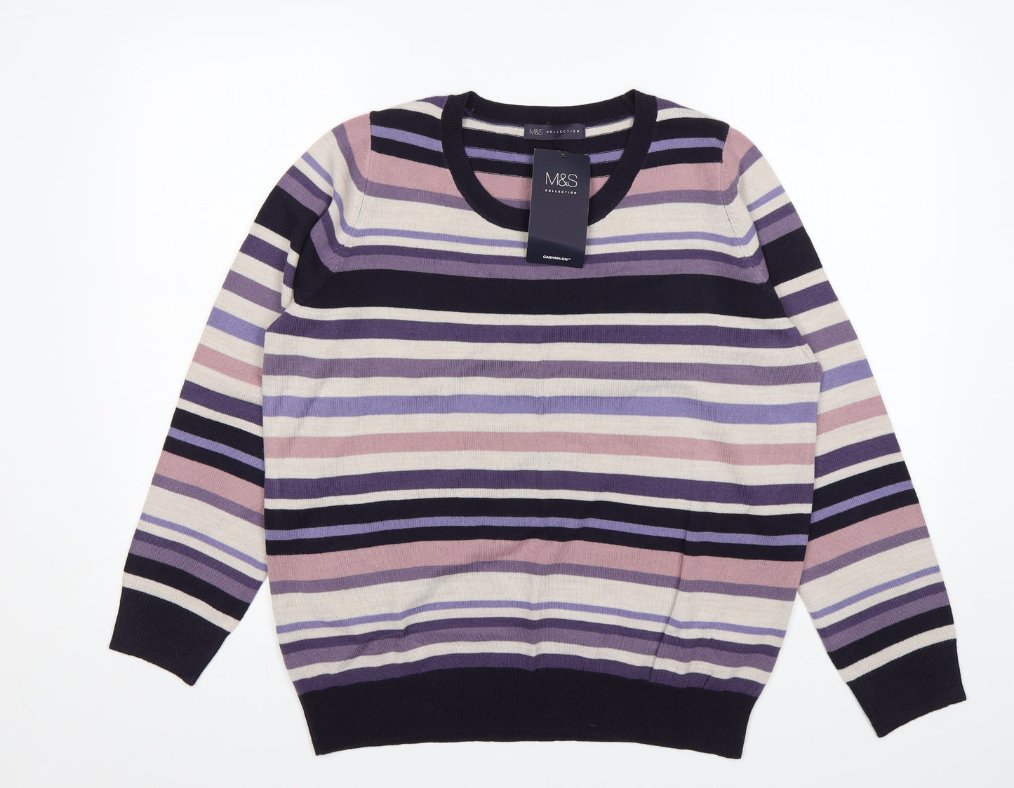 M&S Womens Multicoloured Round Neck Striped Acrylic Pullover Jumper Size 16