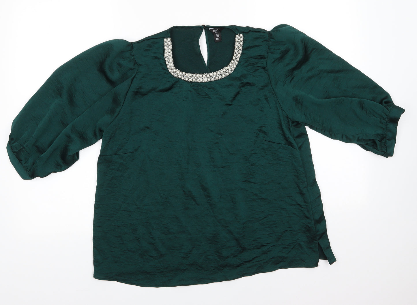 M&Co Womens Green  Polyester Basic Blouse Size 14 Roll Neck