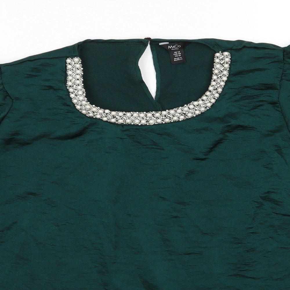 M&Co Womens Green  Polyester Basic Blouse Size 14 Roll Neck