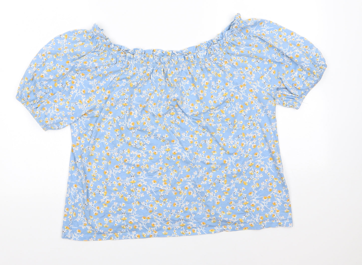 F&F Womens Blue Floral 100% Cotton Basic Blouse Size 14 Off the Shoulder