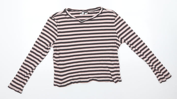 H&M Womens Pink Round Neck Striped Cotton Pullover Jumper Size XL