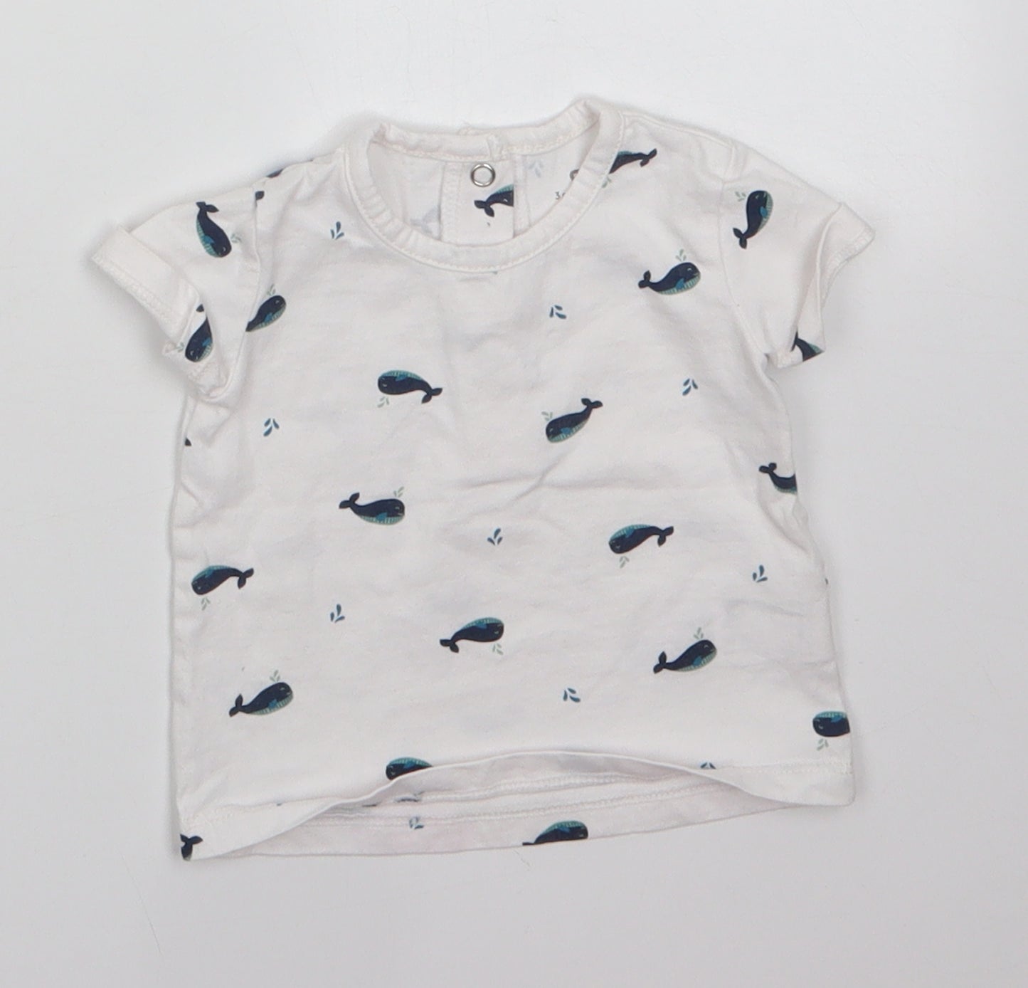 Preworn Baby White  100% Cotton Basic T-Shirt Size 3-6 Months Round Neck  - Whale