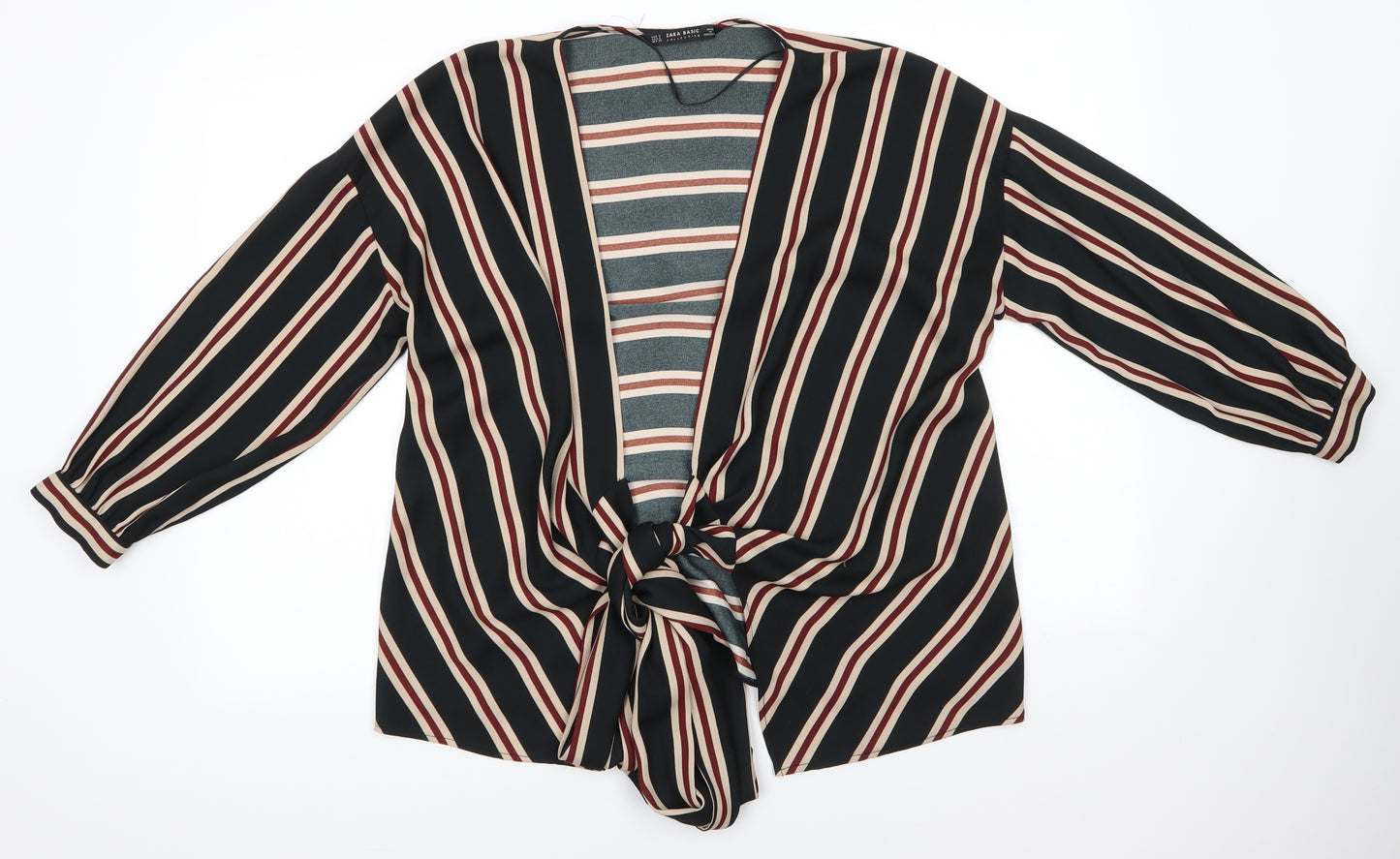 Zara Womens Multicoloured V-Neck Striped Polyester Cardigan Jumper Size S