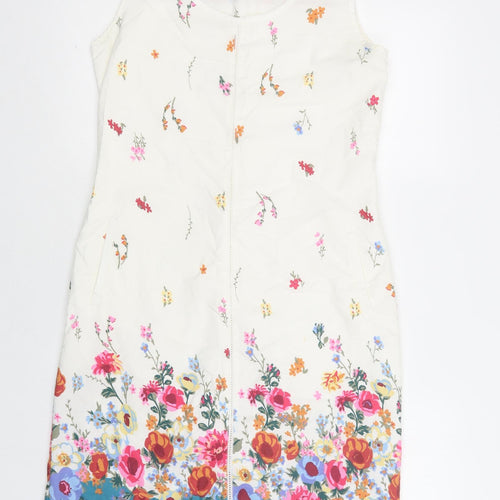 Preworn Womens White Floral Cotton Shift  Size 10  Round Neck Zip