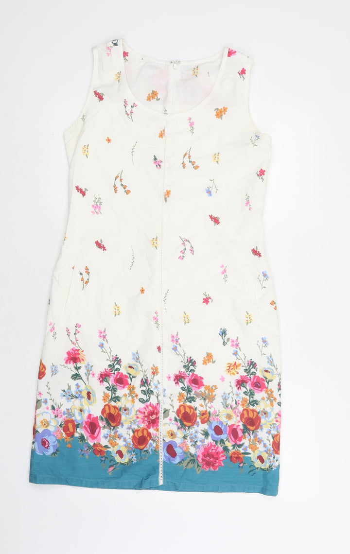 Preworn Womens White Floral Cotton Shift  Size 10  Round Neck Zip