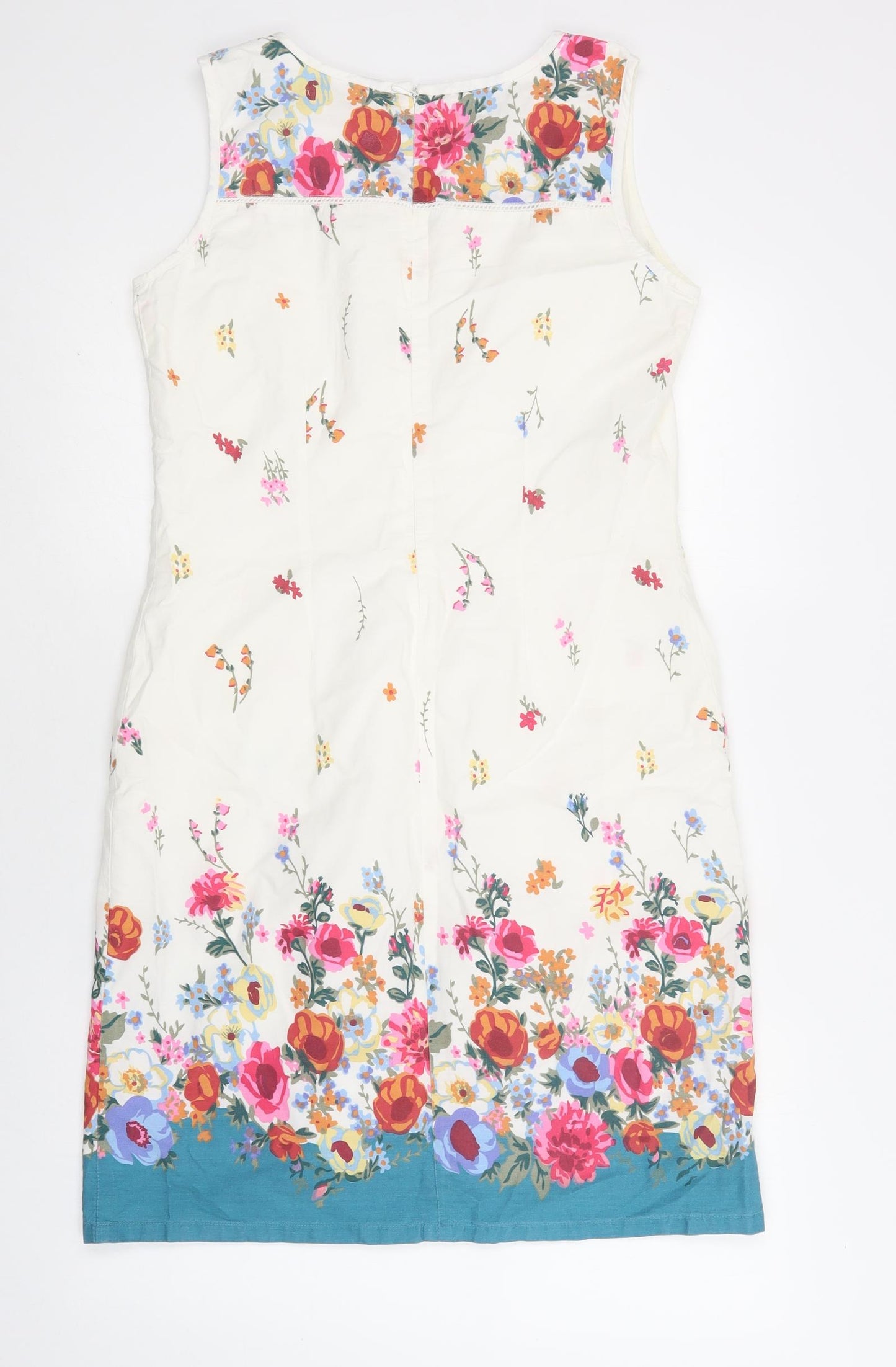 Preworn Womens White Floral Cotton Shift  Size 10  Round Neck Zip