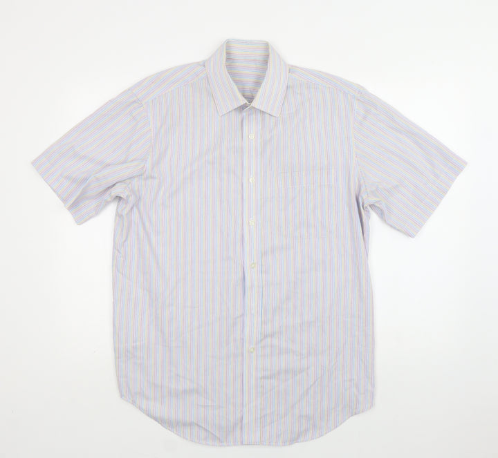 M&S Mens Multicoloured Striped Cotton Button-Up Size 16 Collared Button