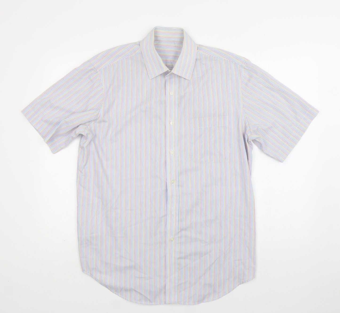 M&S Mens Multicoloured Striped Cotton  Button-Up Size 16 Collared Button
