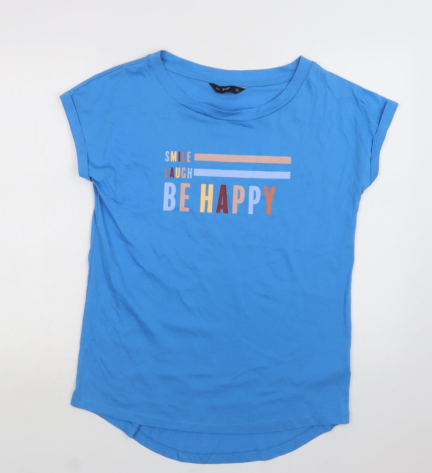 F&F Womens Blue  Cotton Basic T-Shirt Size 10 Crew Neck - Smile