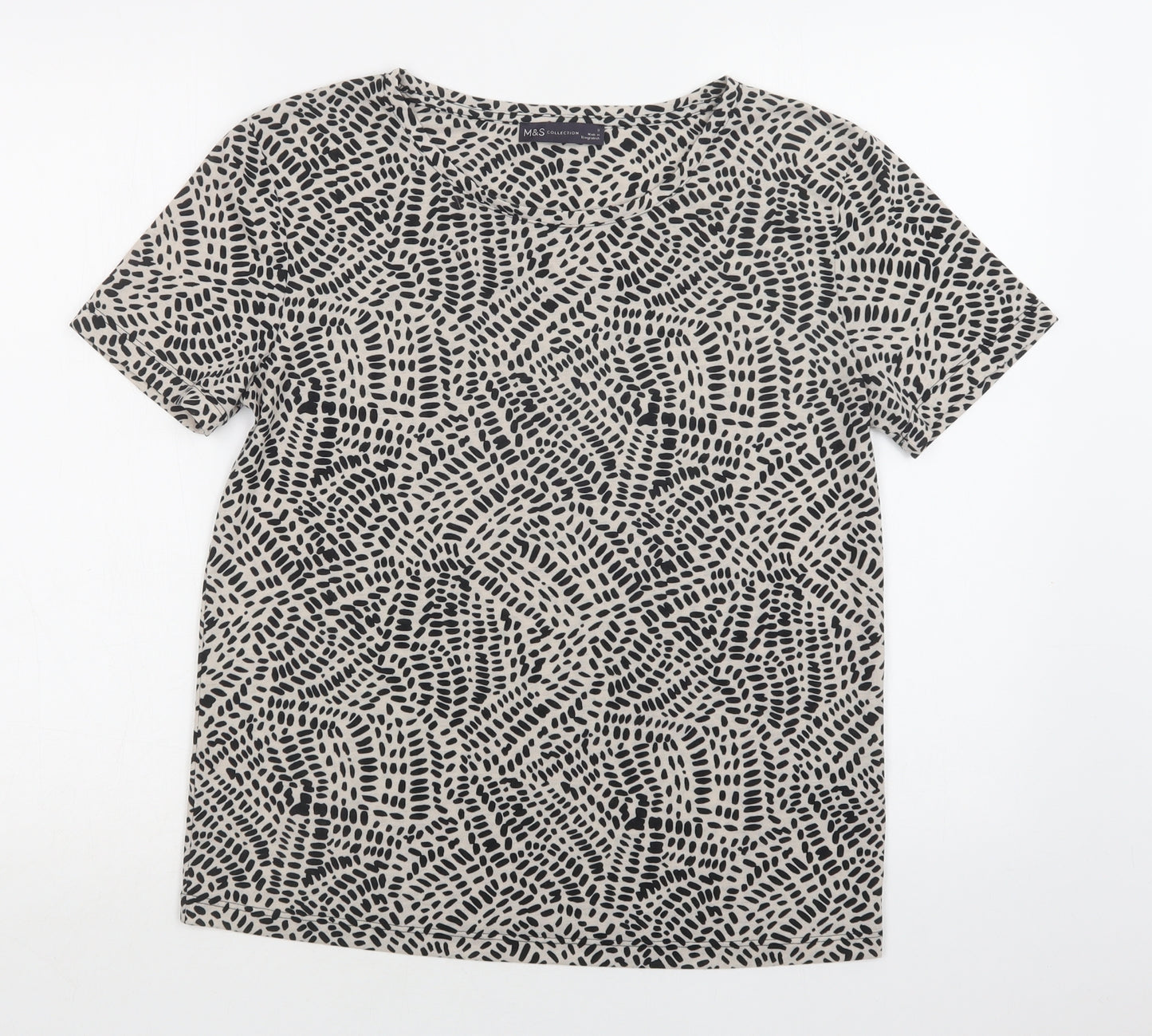 M&S Womens Beige Geometric Polyester Basic Blouse Size 8 Crew Neck