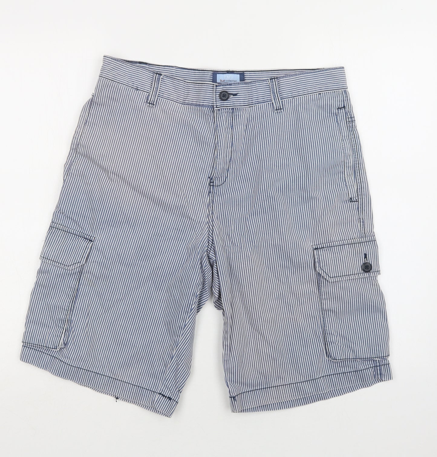 F&F Mens Blue Striped Cotton Cargo Shorts Size 32 L12 in Regular Button