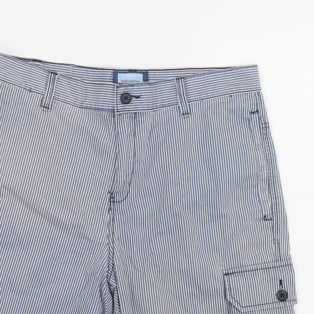 F&F Mens Blue Striped Cotton Cargo Shorts Size 32 L12 in Regular Button