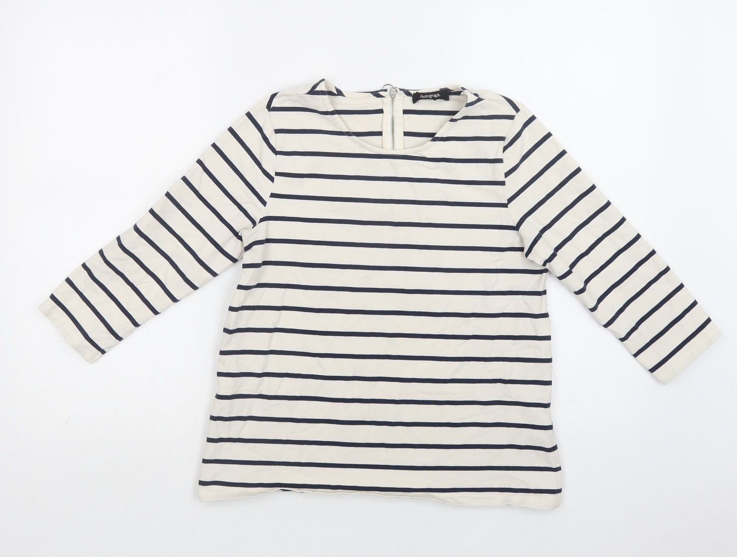 Autograph Womens White Striped Cotton Basic Blouse Size S Crew Neck