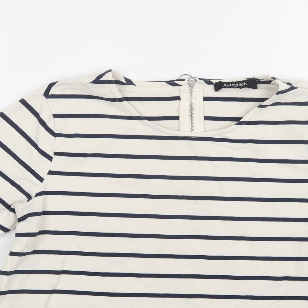 Autograph Womens White Striped Cotton Basic Blouse Size S Crew Neck
