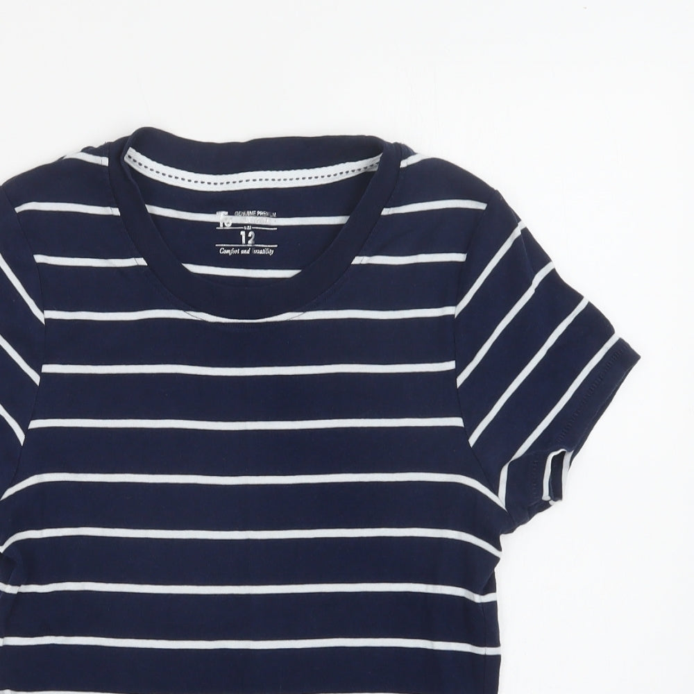 TU Womens Blue Striped Cotton Basic T-Shirt Size 12 Crew Neck