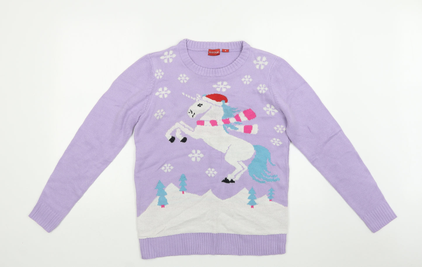 Avenue Womens Purple Crew Neck  Acrylic Pullover Jumper Size M   - Christmas Unicorn