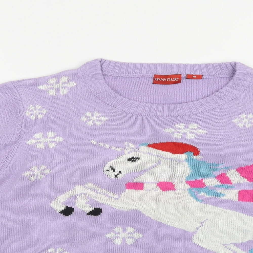 Avenue Womens Purple Crew Neck  Acrylic Pullover Jumper Size M   - Christmas Unicorn
