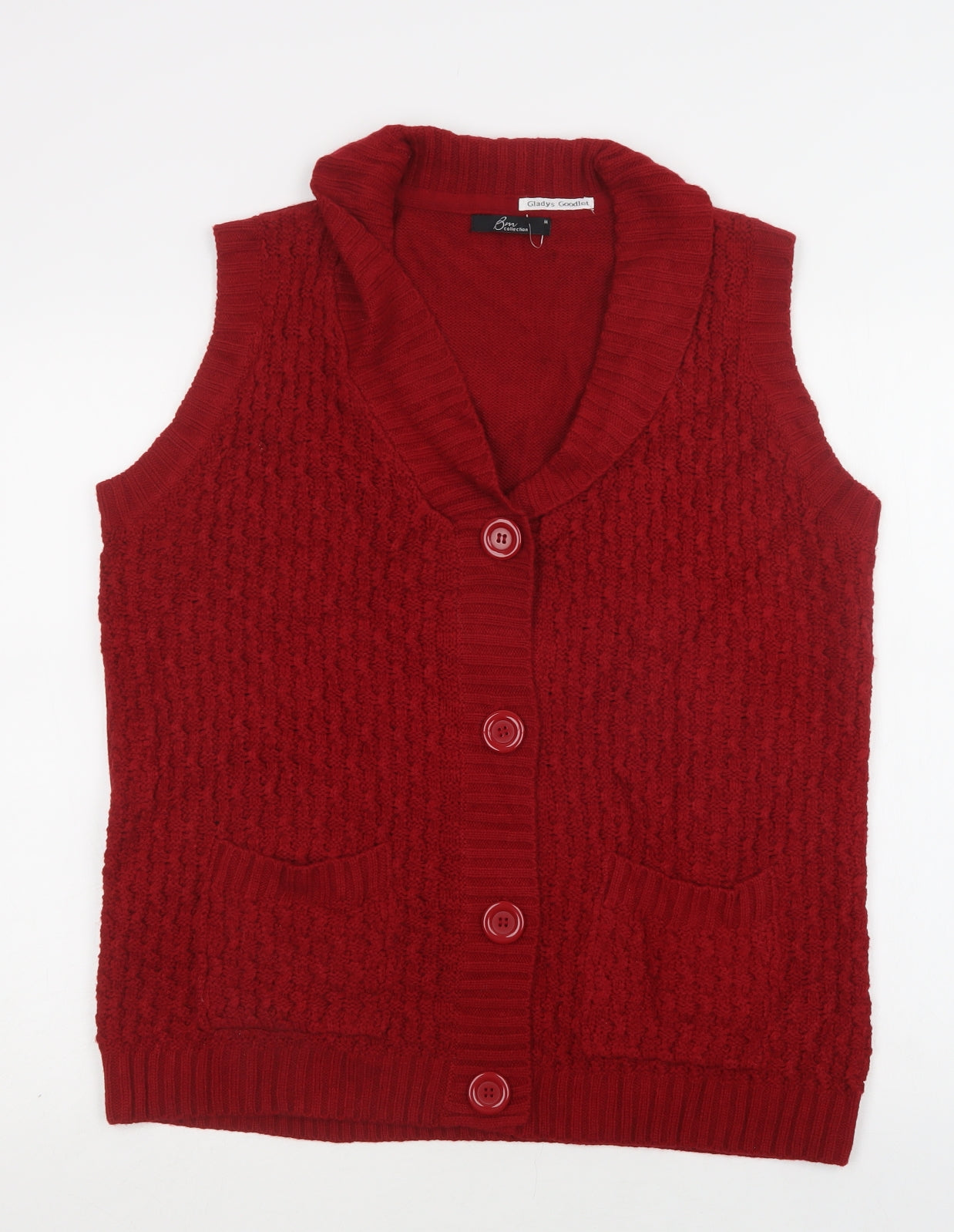 BM Womens Red V-Neck  Acrylic Cardigan Jumper Size M