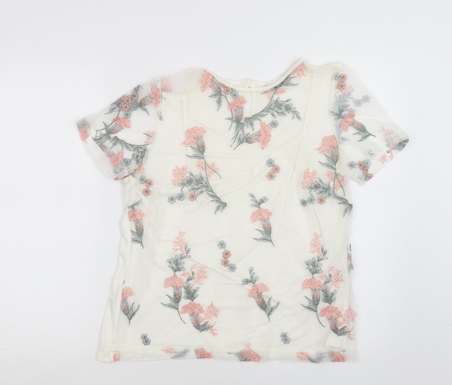 Roman Womens White Floral Polyester Basic Blouse Size 14 Crew Neck