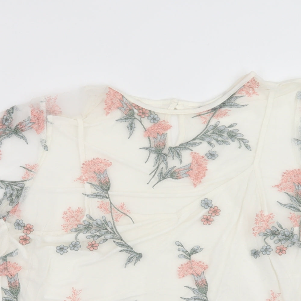 Roman Womens White Floral Polyester Basic Blouse Size 14 Crew Neck