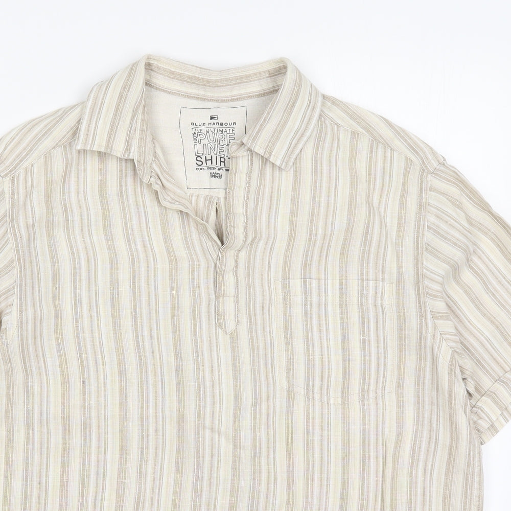Marks and Spencer Mens Beige Striped Linen  T-Shirt Size M Collared