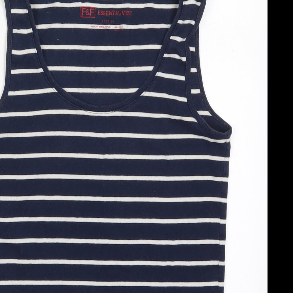 F&F Womens Blue Striped Cotton Basic Tank Size 14 Round Neck