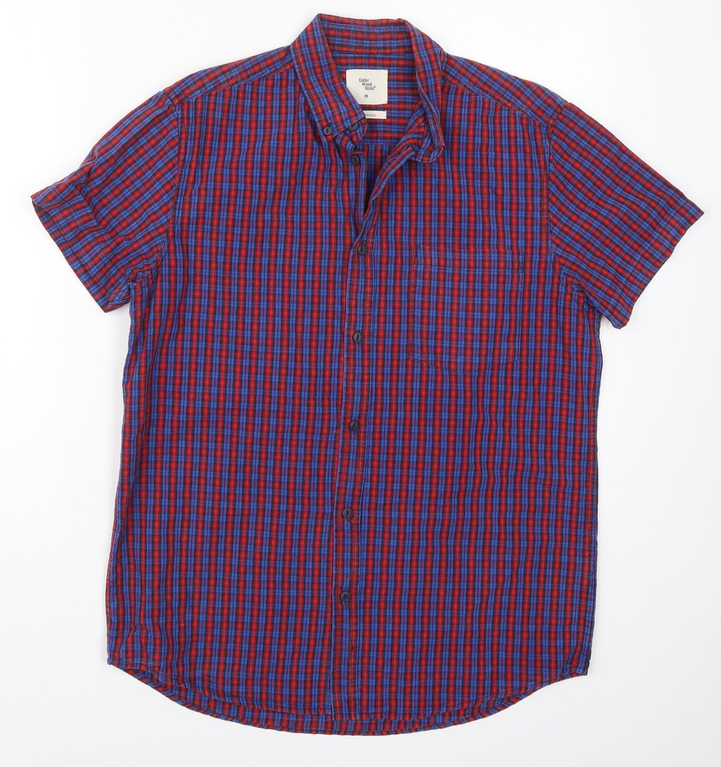 Cedar Wood State Mens Blue Check Cotton  Button-Up Size M Collared Button - Red