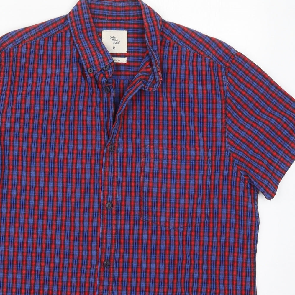 Cedar Wood State Mens Blue Check Cotton  Button-Up Size M Collared Button - Red