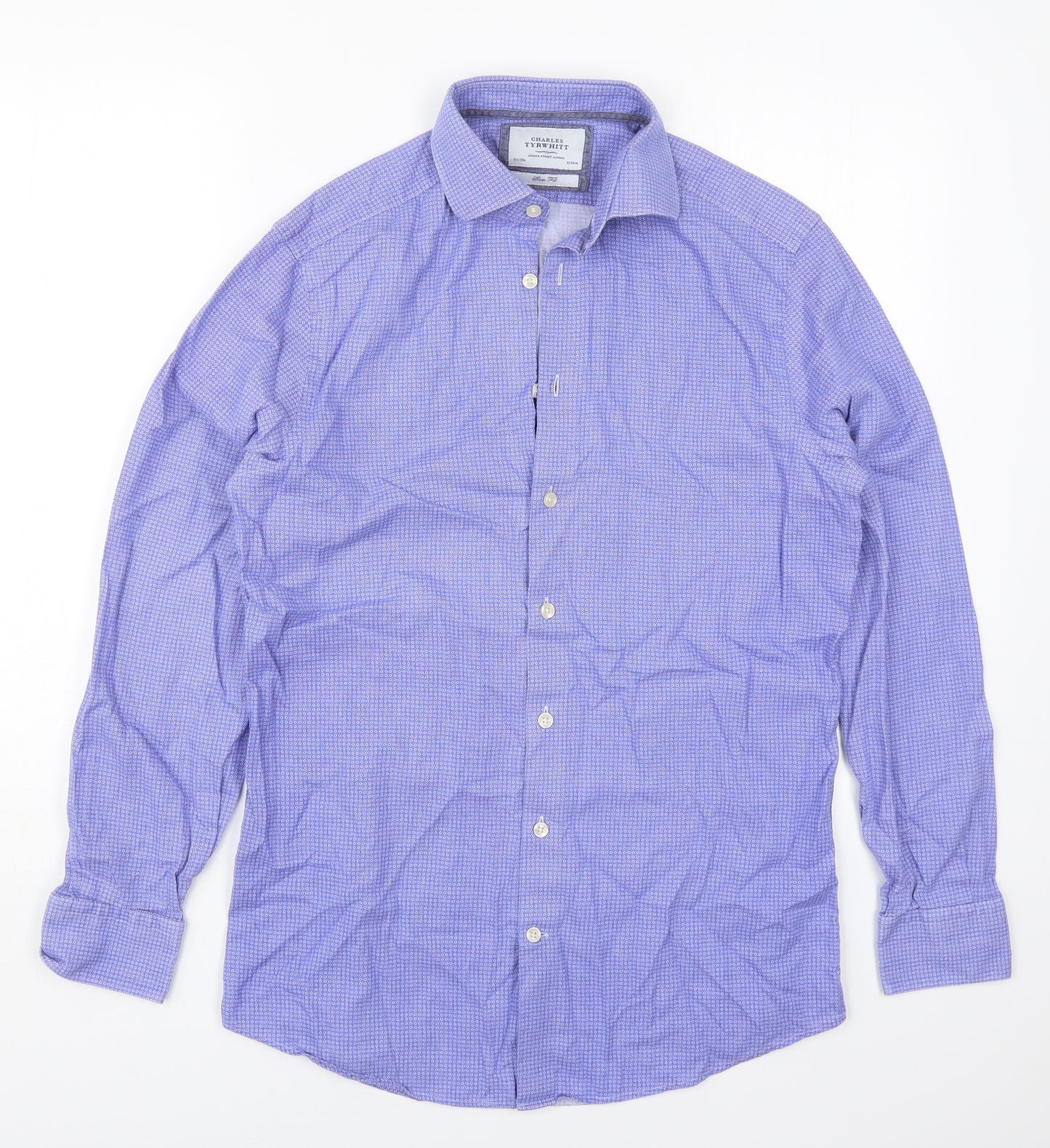 Charles Tyrwhitt Mens Blue Geometric Cotton  Dress Shirt Size 15.5 Collared Button