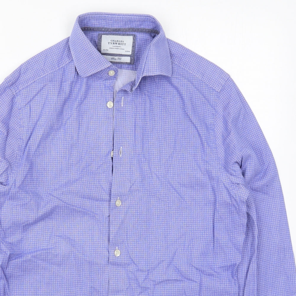 Charles Tyrwhitt Mens Blue Geometric Cotton  Dress Shirt Size 15.5 Collared Button