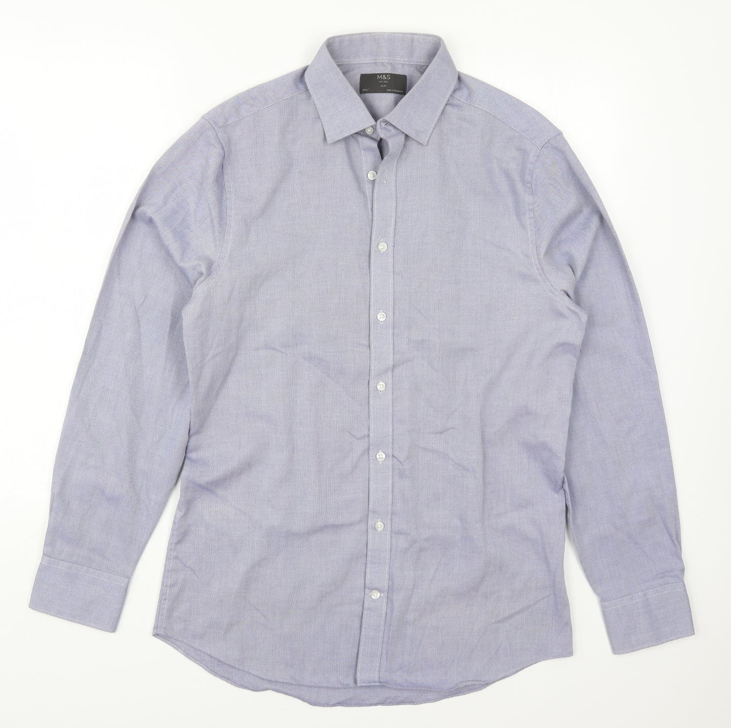Marks and Spencer Mens Blue  Polyester  Dress Shirt Size 15.5 Collared Button