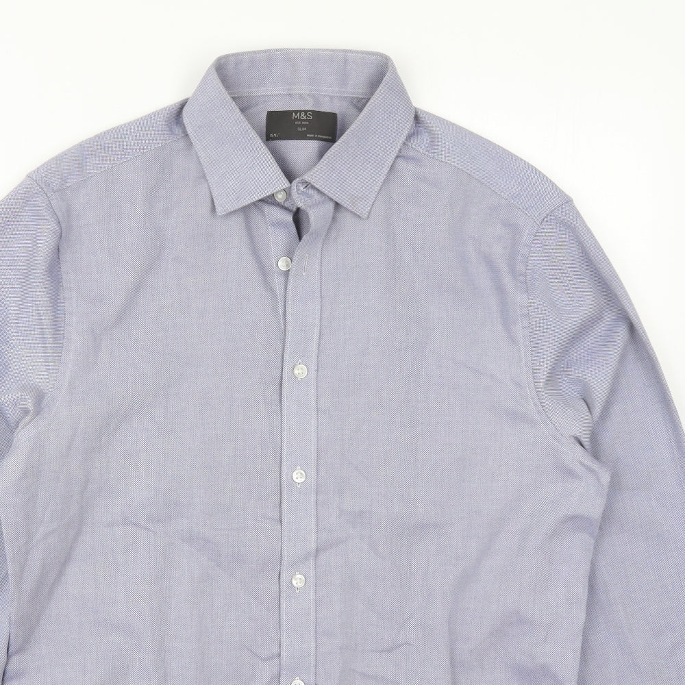 Marks and Spencer Mens Blue  Polyester  Dress Shirt Size 15.5 Collared Button