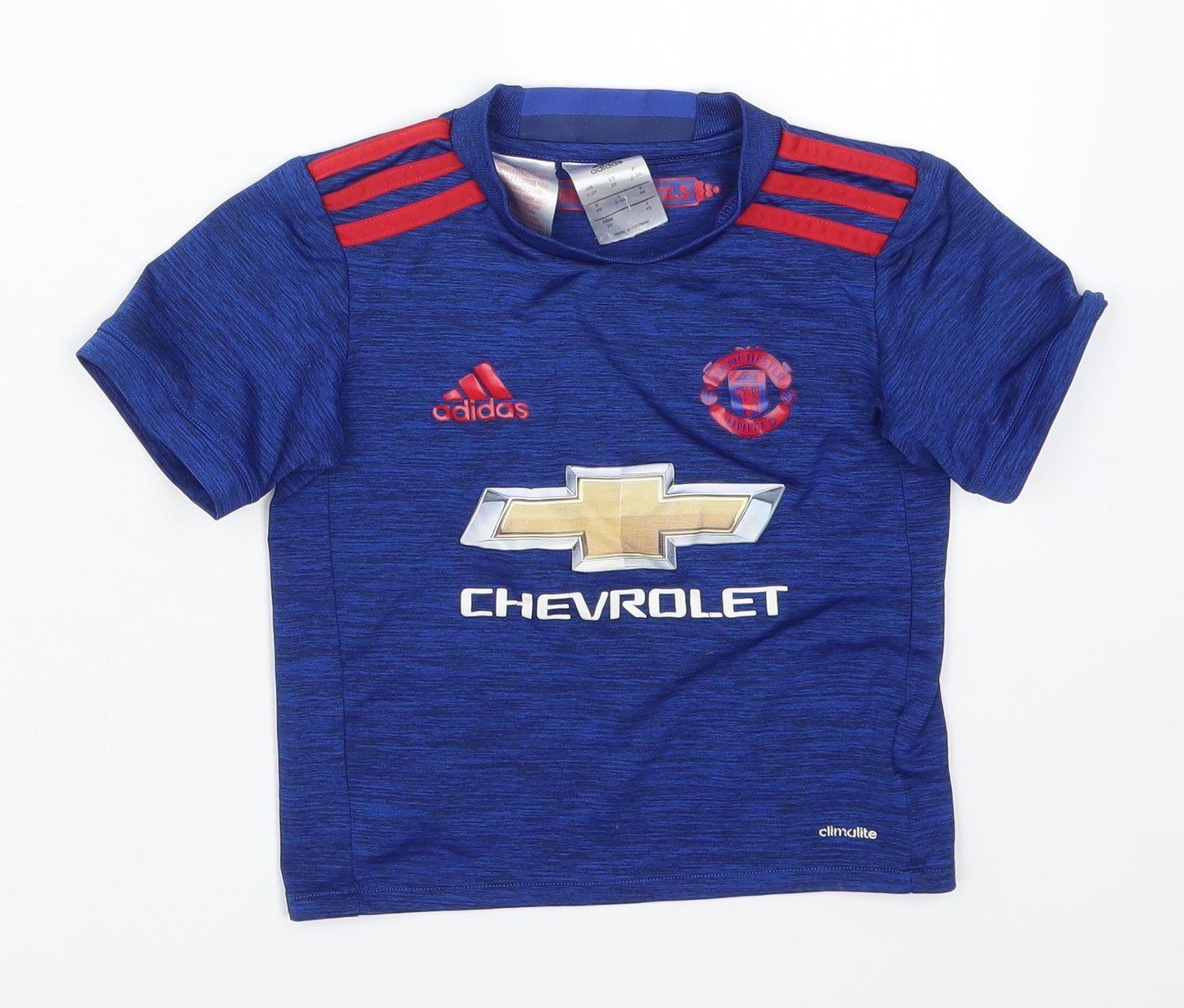 adidas Boys Blue  Polyester Basic T-Shirt Size 2-3 Years Crew Neck Pullover - Manchester United Chevrolet