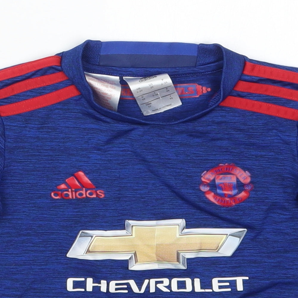 adidas Boys Blue  Polyester Basic T-Shirt Size 2-3 Years Crew Neck Pullover - Manchester United Chevrolet