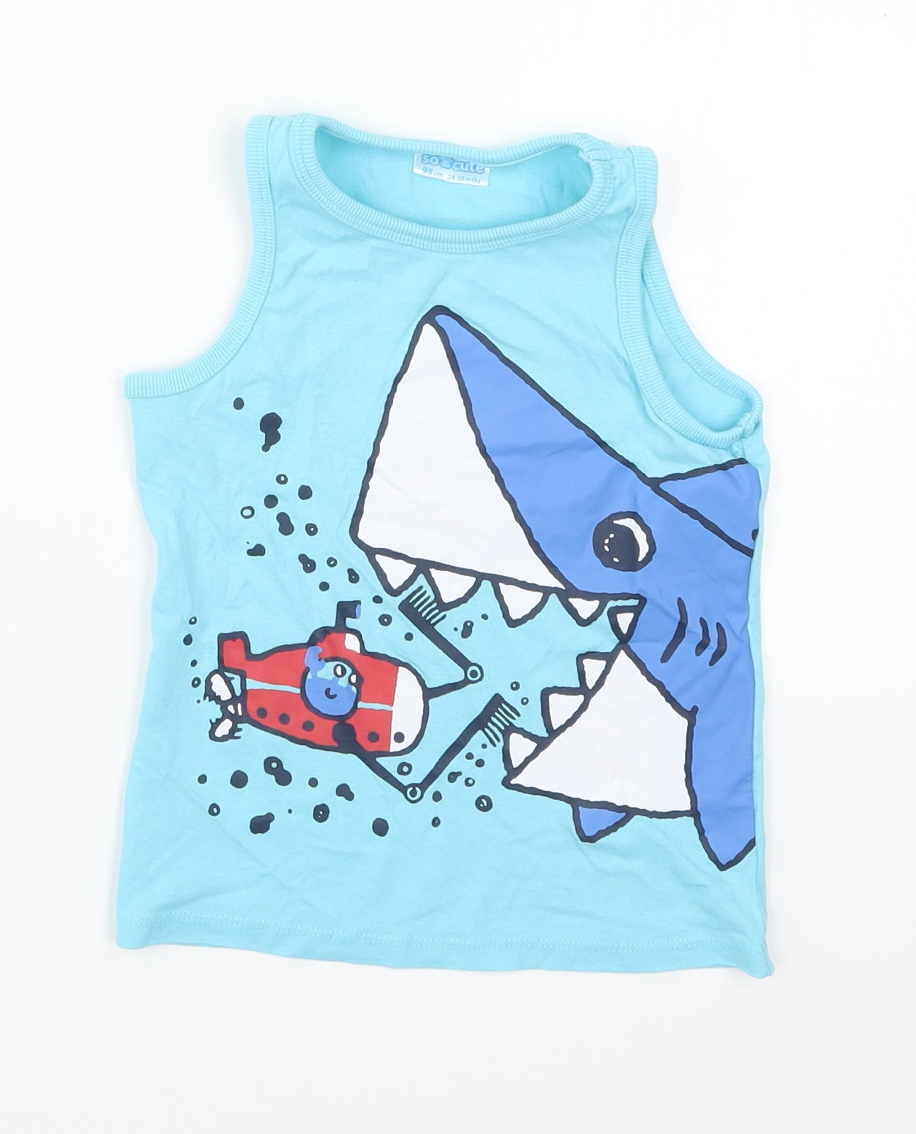 So Cute Boys Blue  Cotton Basic Tank Size 2-3 Years Round Neck Pullover - Shark Submarine