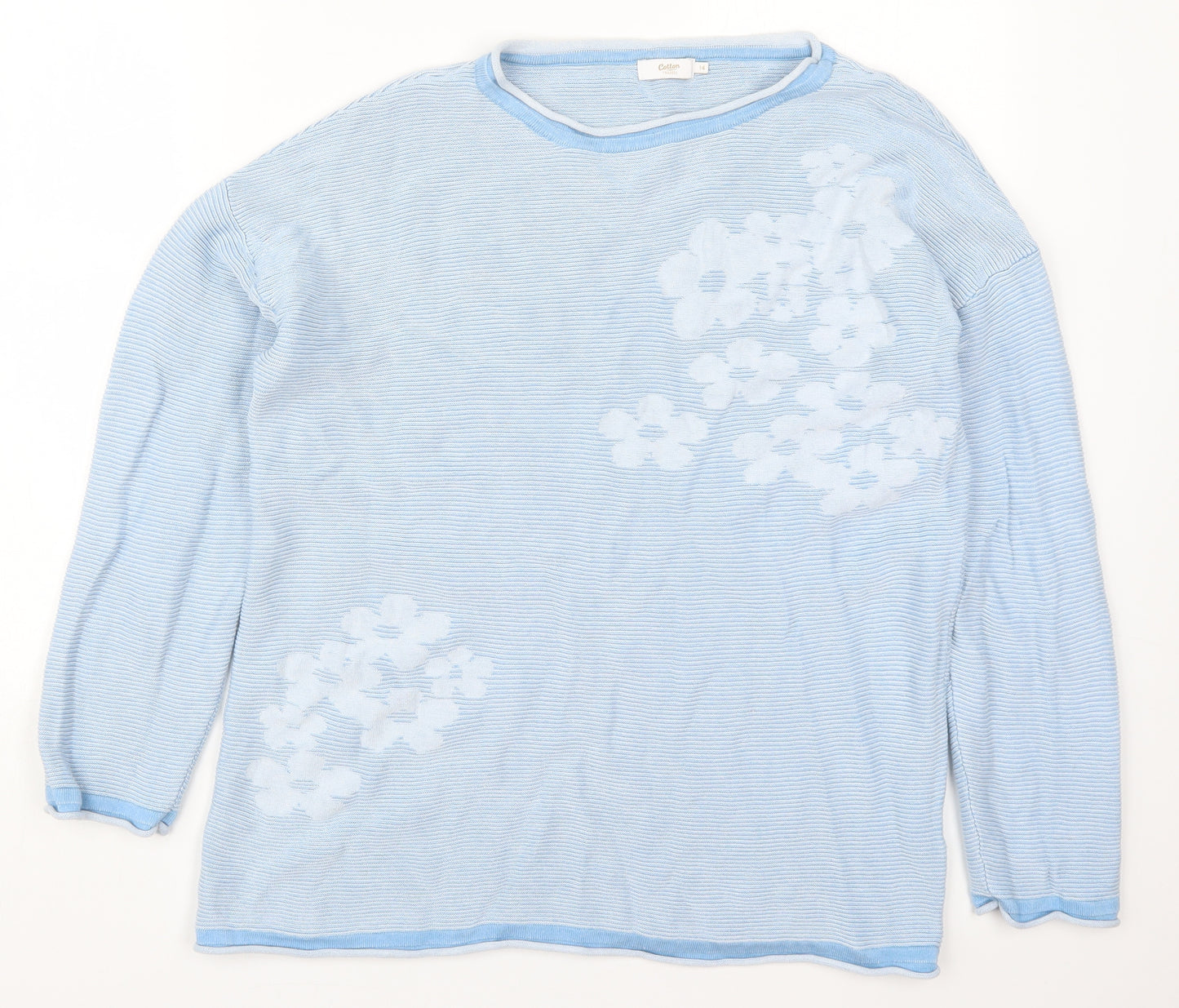 Cotton Traders Womens Blue Round Neck Floral Viscose Pullover Jumper Size 14