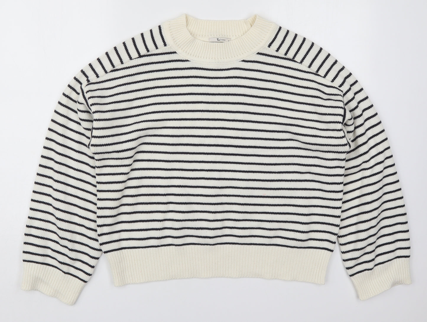TU Womens White Round Neck Striped Cotton Pullover Jumper Size M