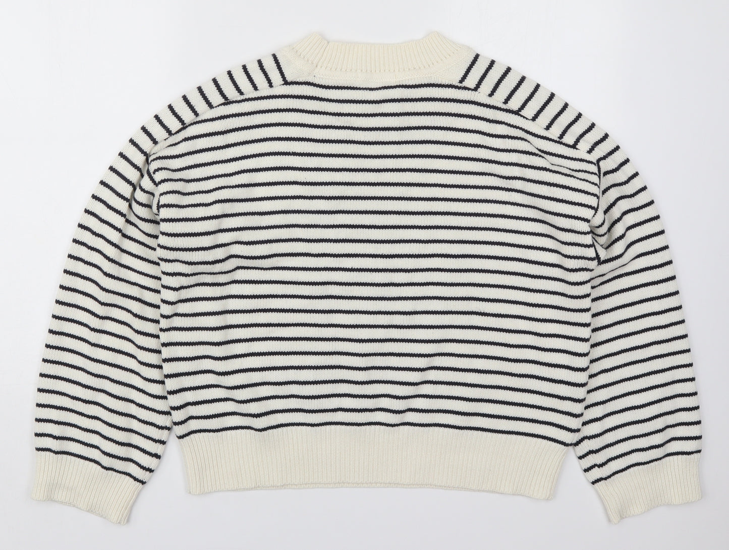 TU Womens White Round Neck Striped Cotton Pullover Jumper Size M