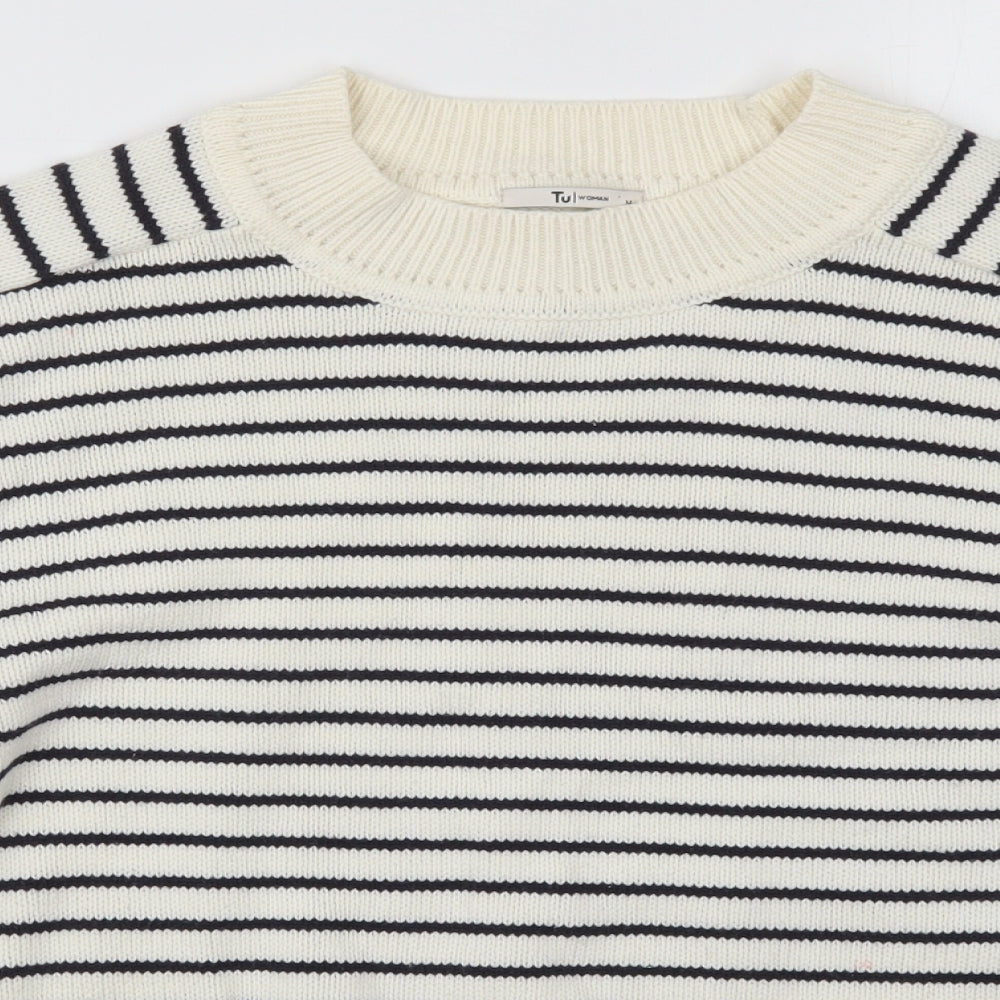 TU Womens White Round Neck Striped Cotton Pullover Jumper Size M