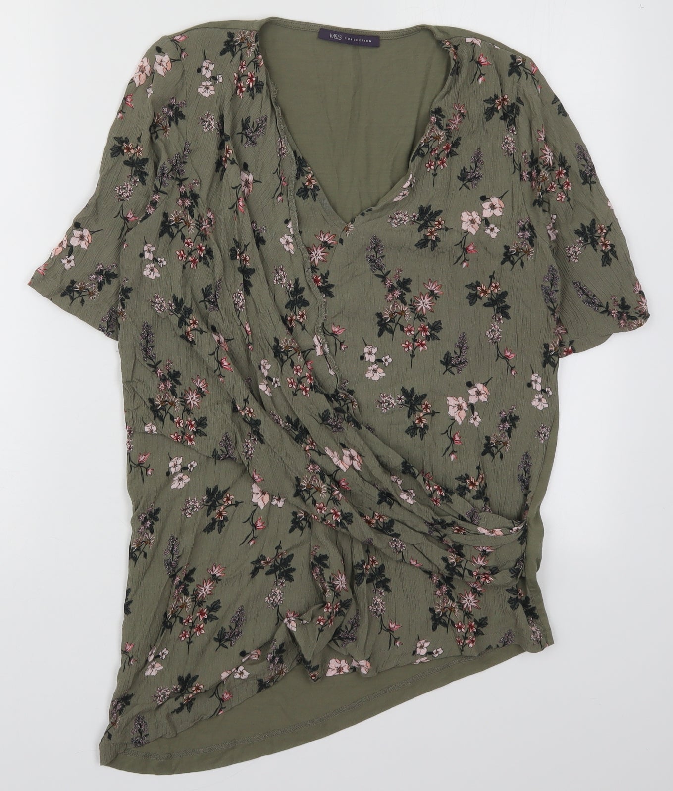 Marks and Spencer Womens Green Floral Viscose Basic Blouse Size 12 V-Neck
