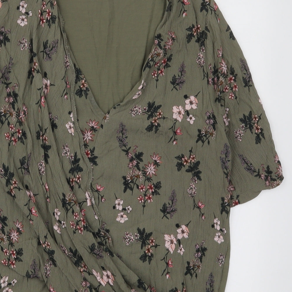 Marks and Spencer Womens Green Floral Viscose Basic Blouse Size 12 V-Neck