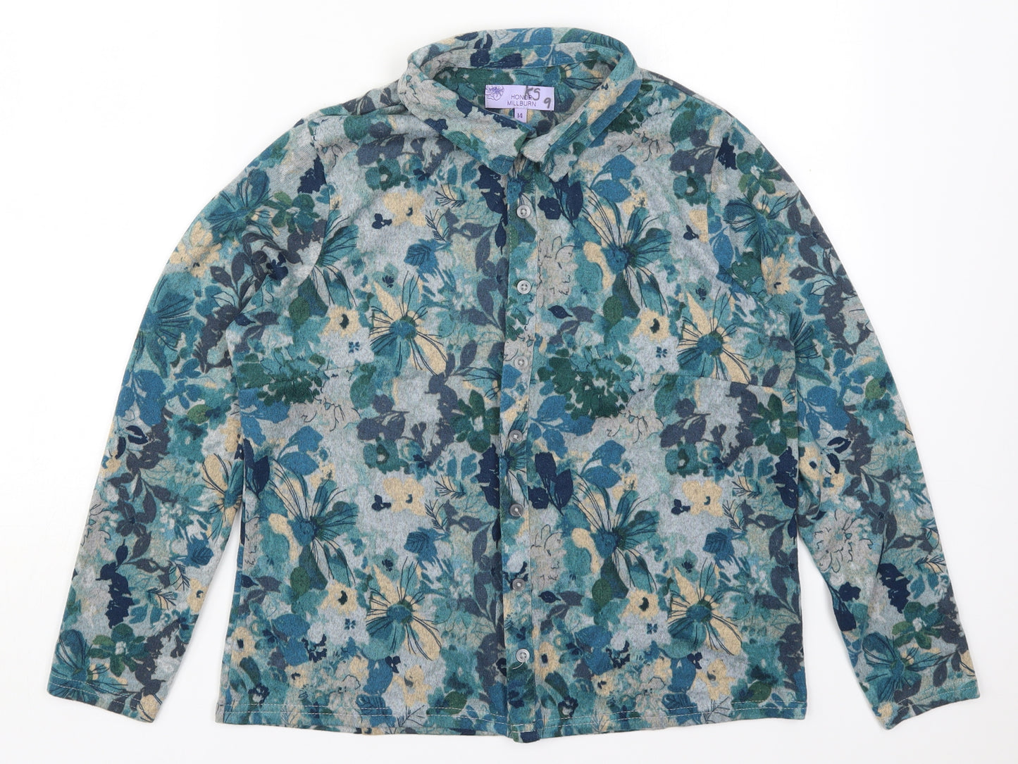 Honor Millburn Womens Blue Floral Polyester Basic Button-Up Size 14 Collared