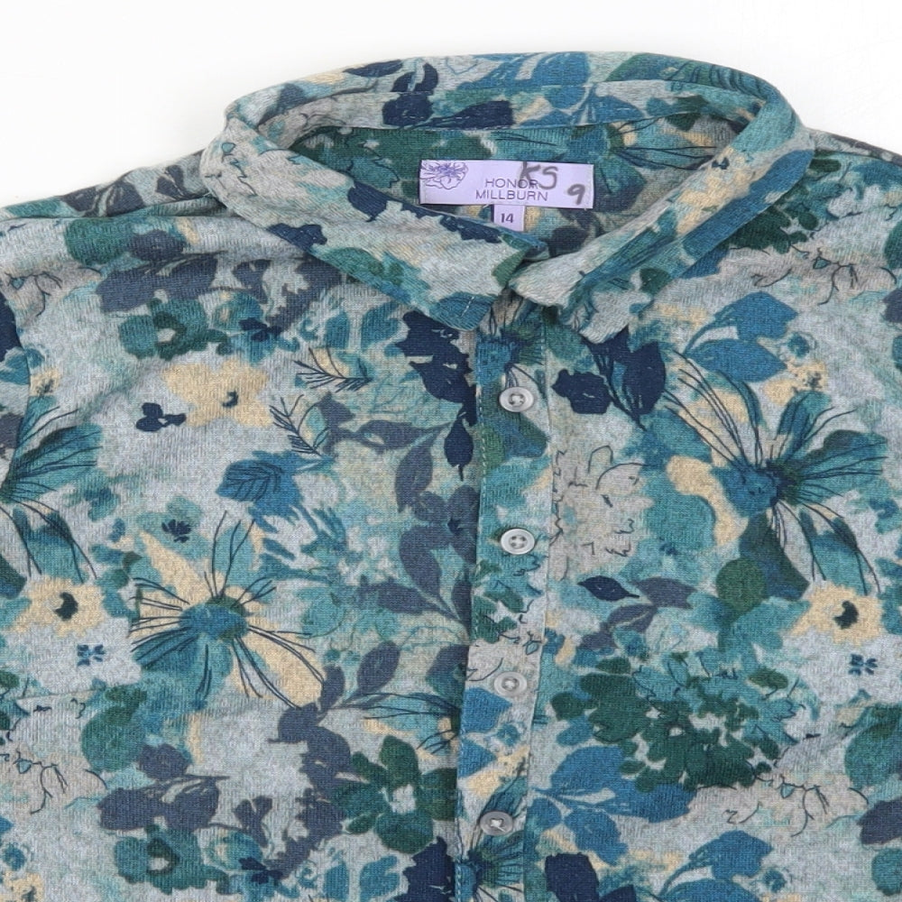 Honor Millburn Womens Blue Floral Polyester Basic Button-Up Size 14 Collared