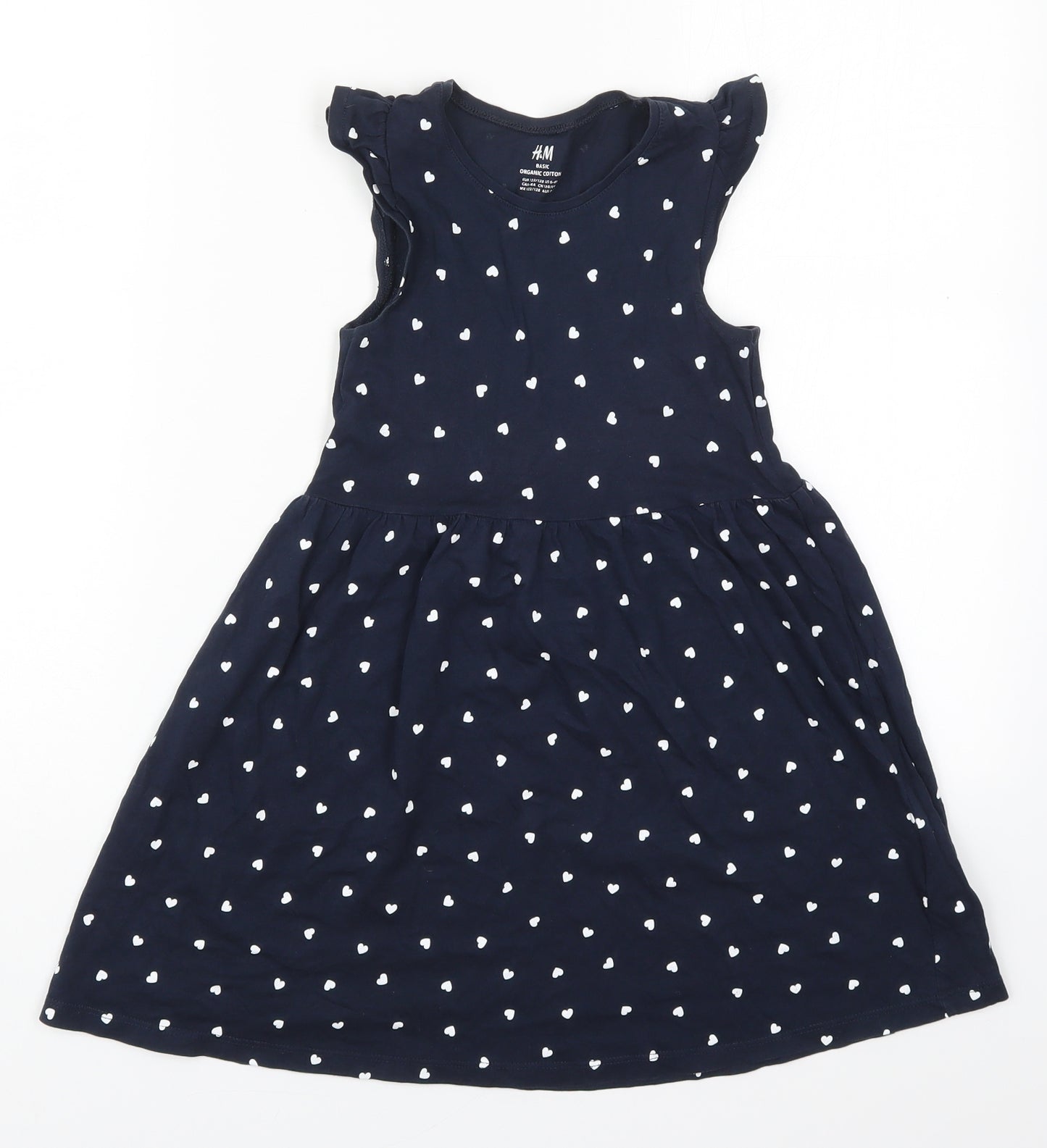 H&M Girls Blue Geometric Cotton Skater Dress  Size 7-8 Years  Round Neck Pullover - Love Hearts